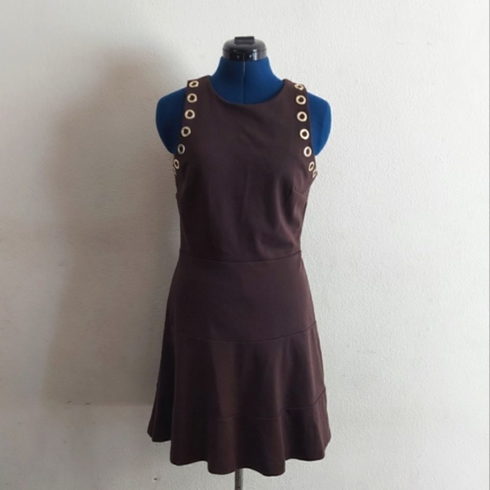 MICHAEL Michael Kors Brown Gold Grommet Embellished Flared Dress Small